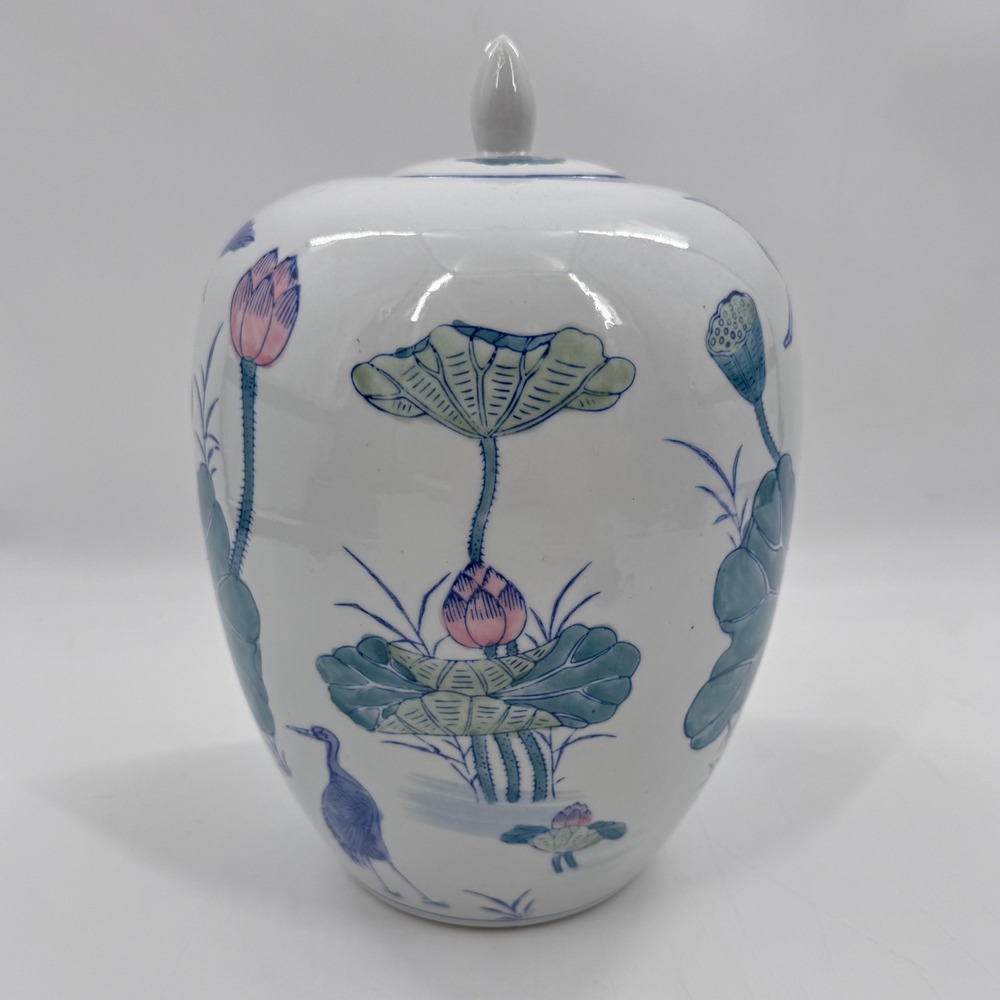 Vintage Chinese Lotus & Crane Ginger Jar Lidded Porcelain Famille Verte Style - Picture 6 of 9